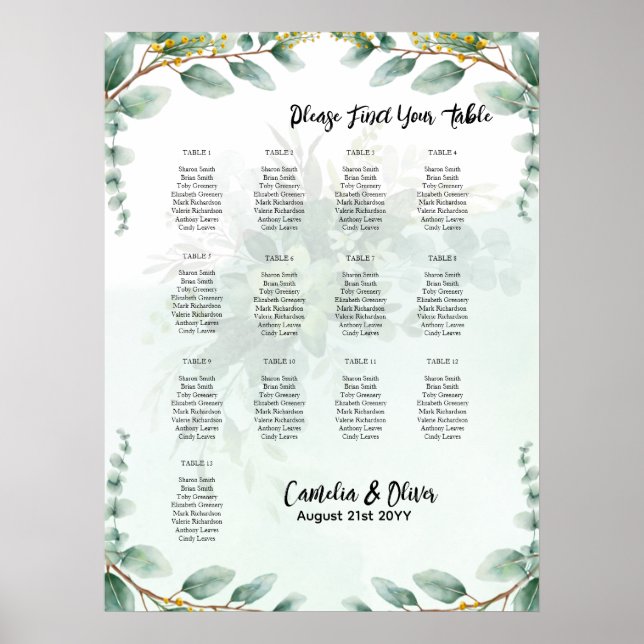 BUDGET Greenery Eucalyptus SEATING CHART Wedding (Front)