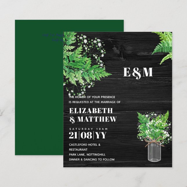 BUDGET Greenery Ferns Monochromatic Wedding Invite (Front/Back)