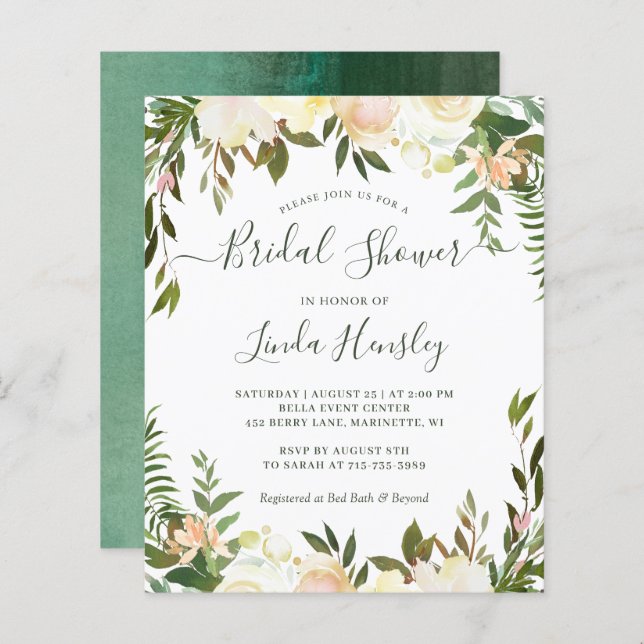 Budget Greenery Floral Bridal Shower Invitations (Front/Back)