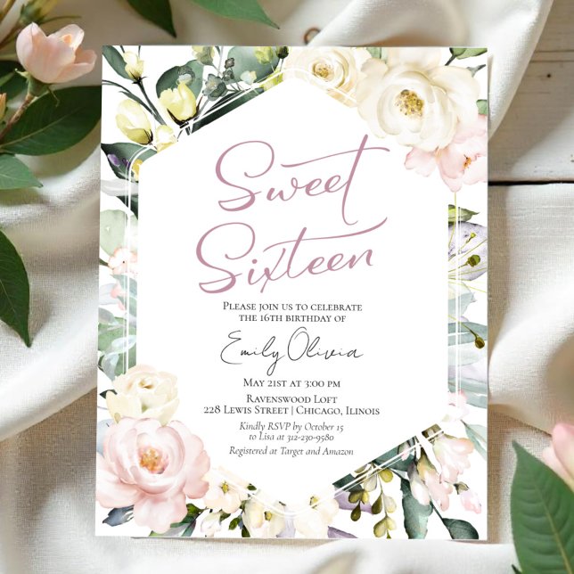Budget Greenery Floral Frame Sweet 16 Invitation (Creator Uploaded)