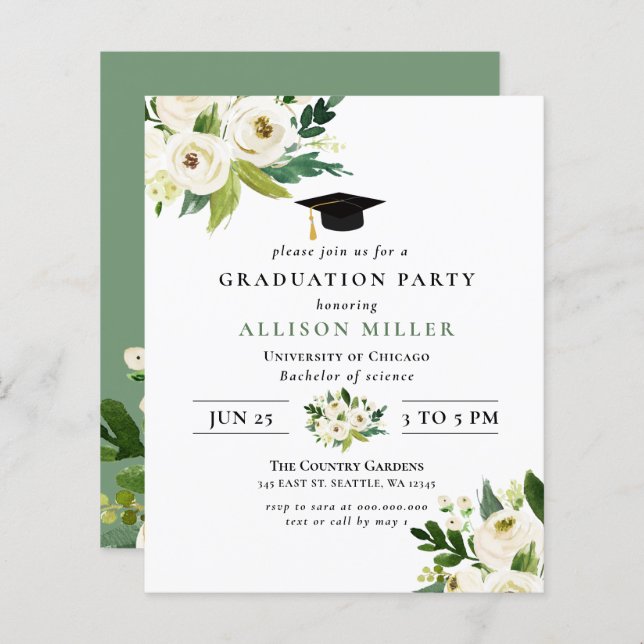 Budget Greenery Floral Graduation Invitation (Front/Back)
