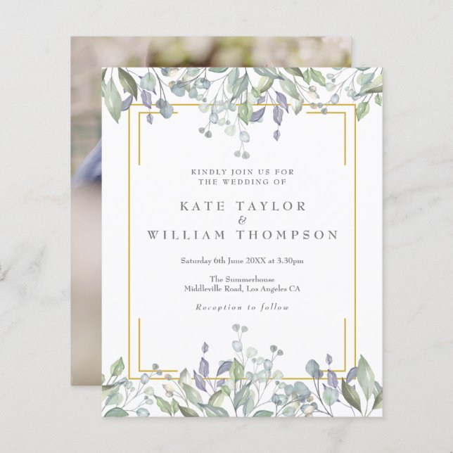 Budget Greenery Floral Wedding Photo Invitation (Front/Back)