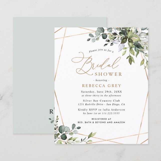 Budget Greenery Gold Bridal Shower Invitation (Front/Back)