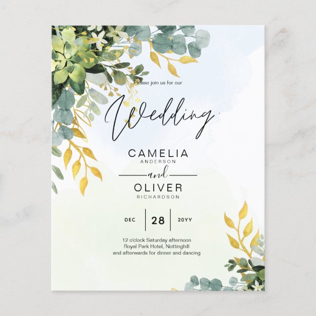 BUDGET Greenery Gold Eucalyptus Leaves Wedding Flyer (Front)