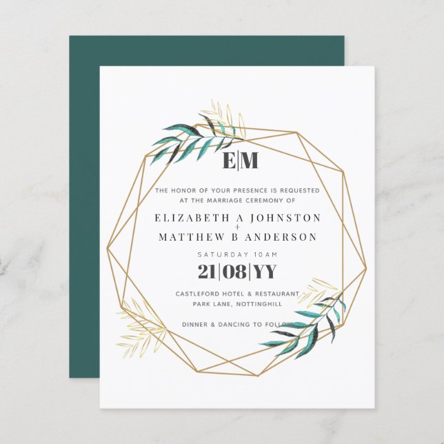 Budget Greenery Gold Geometric Wedding Invites (Front/Back)