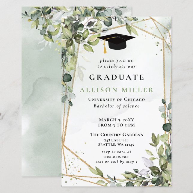 Budget Greenery Gold Graduation Invitation (Front/Back)