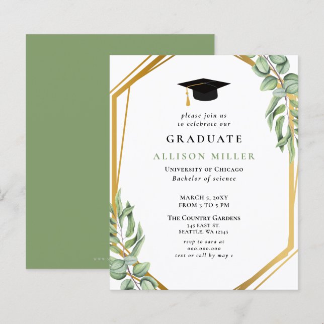 Budget Greenery Gold Graduation Invitation (Front/Back)