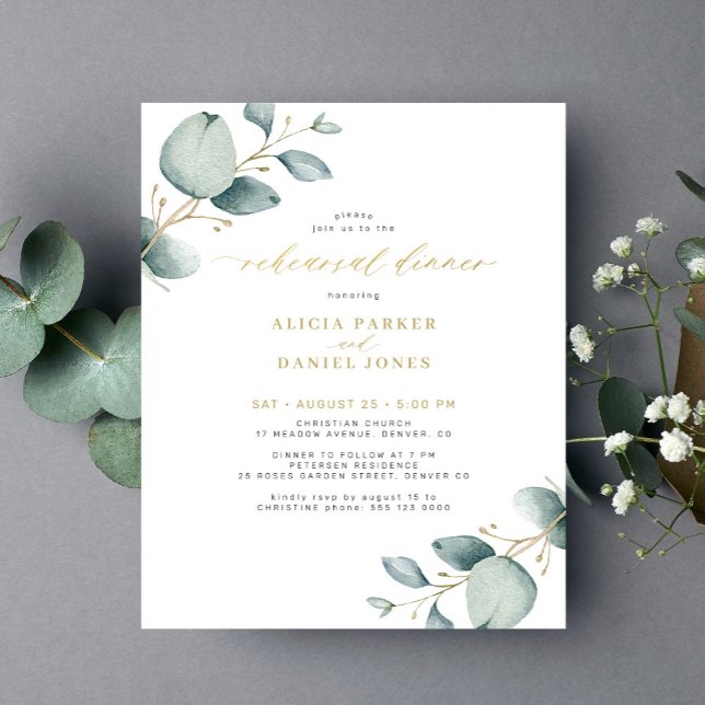 Budget greenery gold rehearsal dinner invitation (Creator Uploaded)