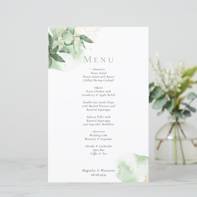 BUDGET Greenery Gold Wedding Menu (Standing Front)