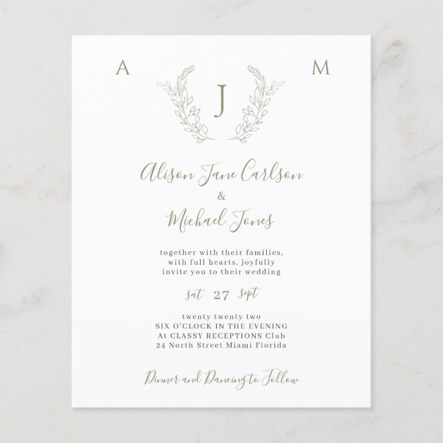 Budget greenery leaves monogram wedding invitation (Front)