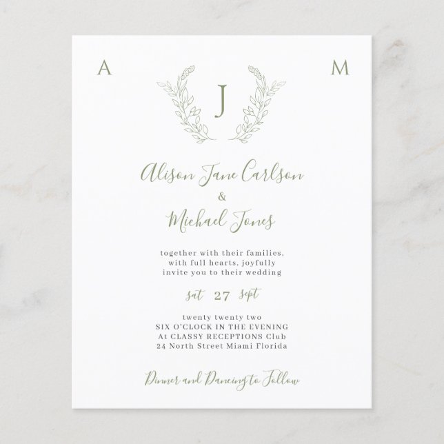 Budget greenery leaves monogram wedding invitation flyer (Front)
