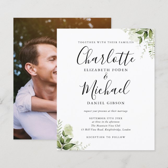 Budget Greenery Leaves Script Photo Wedding Invite (Front/Back)