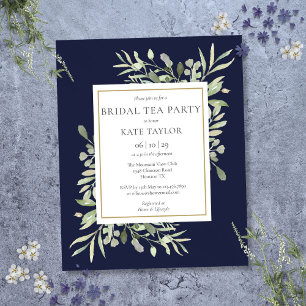 Budget Greenery Navy Blue Bridal Tea Party Invite