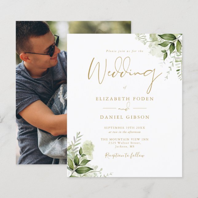 Budget Greenery Photo Gold Wedding Invitation (Front/Back)