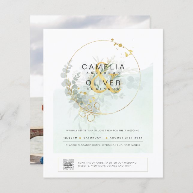BUDGET Greenery PHOTO Wedding Invitation QR CODE F (Front/Back)