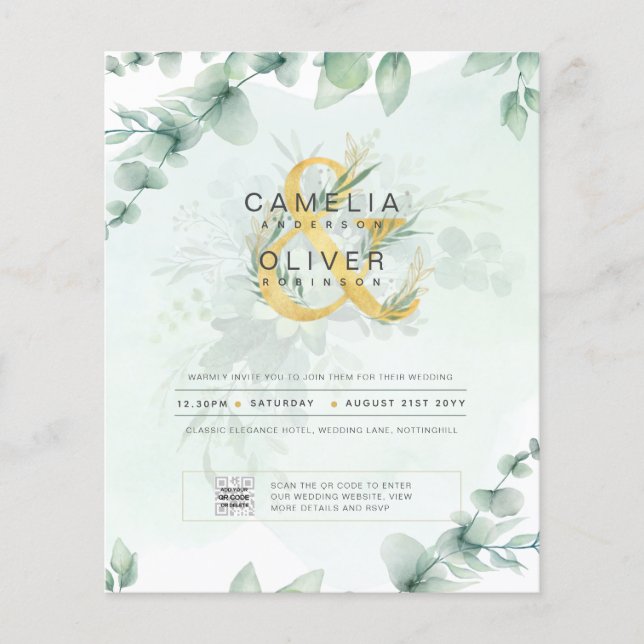 BUDGET Greenery PHOTO Wedding Invitation QR CODE F Flyer (Front)