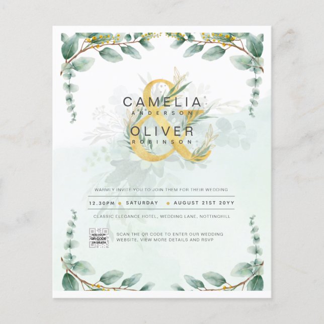 BUDGET Greenery PHOTO Wedding Invitation QR CODE F Flyer (Front)