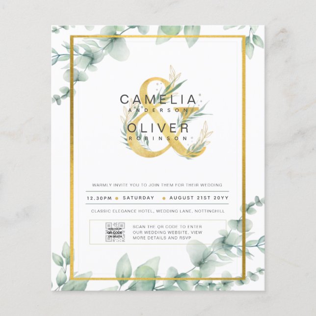 BUDGET Greenery PHOTO Wedding Invitation QR CODE F Flyer (Front)