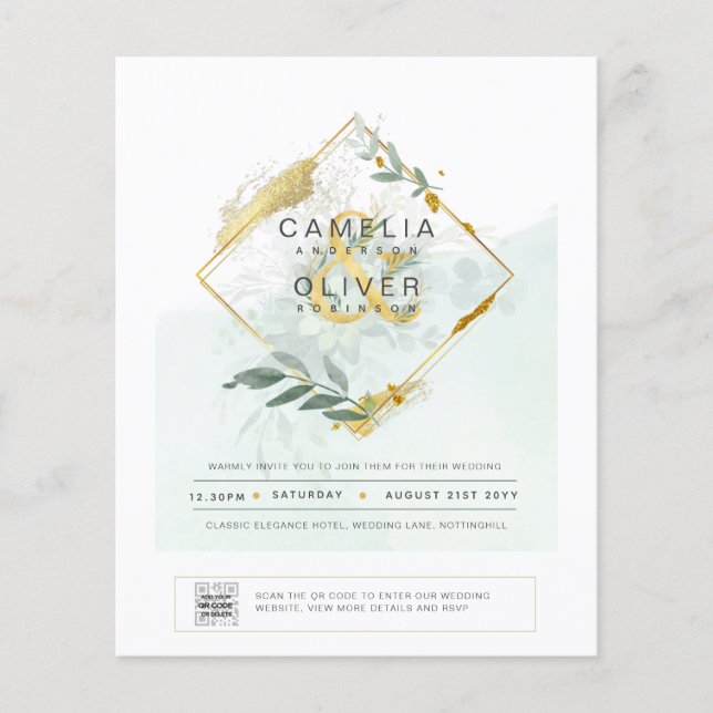 BUDGET Greenery PHOTO Wedding Invitation QR CODE F Flyer (Front)