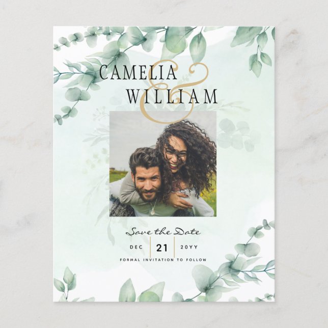BUDGET Greenery PHOTO Wedding Save The Date QRcode Flyer (Front)