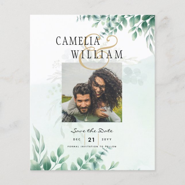 BUDGET Greenery PHOTO Wedding Save The Date QRcode Flyer (Front)