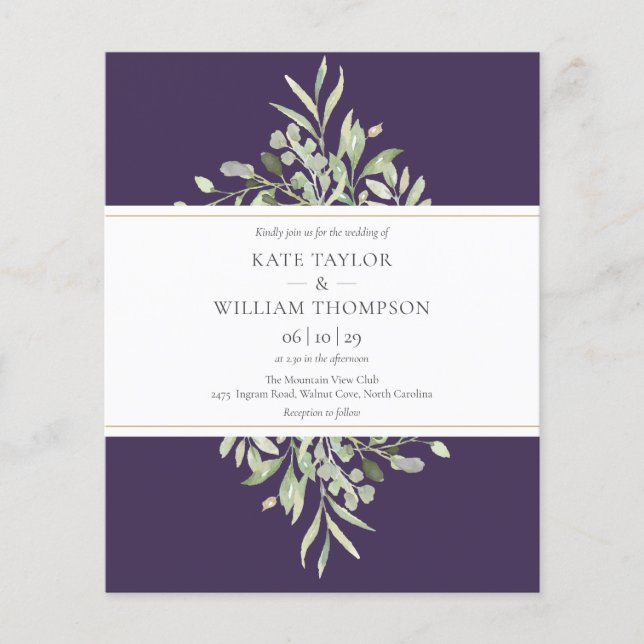 Budget Greenery Purple Wedding Invitation (Front)