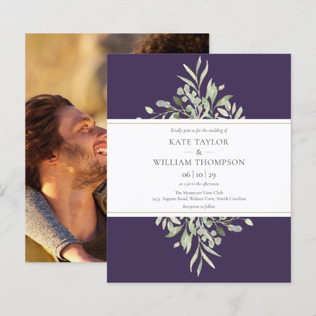 Budget Greenery Purple Wedding Photo Invitation (Front/Back)