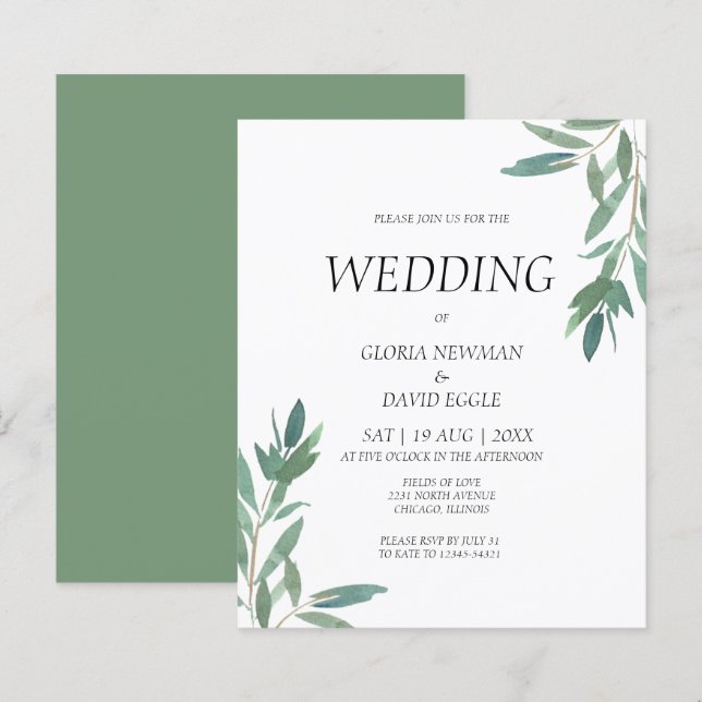 Budget Greenery Watercolor Wedding Invitation (Front/Back)