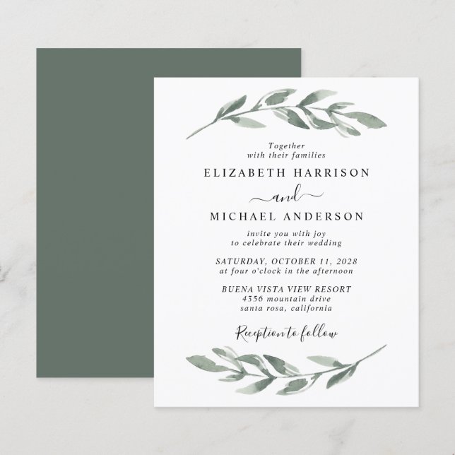 Budget Greenery Watercolor Wedding Invitation (Front/Back)