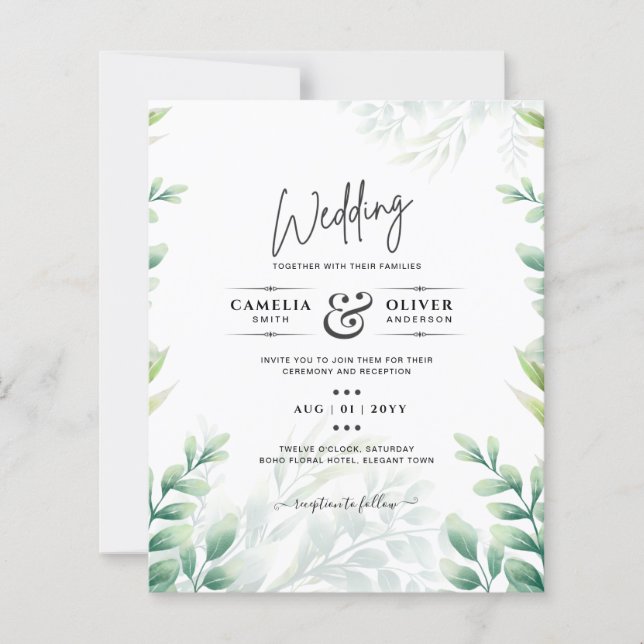 BUDGET Greenery Wedding Invitation QR CODE RSVP  (Front)