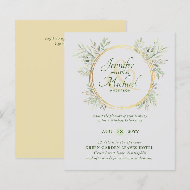BUDGET Greenery Wreath Grey Gold Wedding Invite (Front/Back)