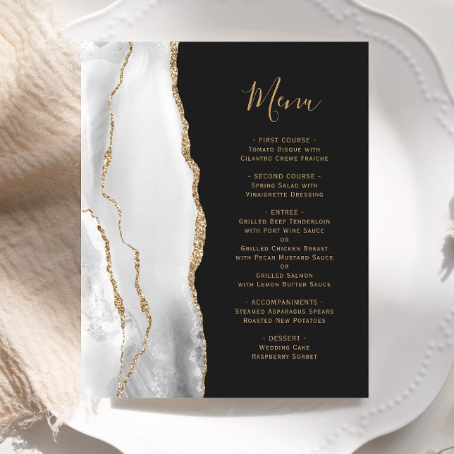 Budget Grey Agate Gold Script Dark Wedding Menu (Creator Uploaded)