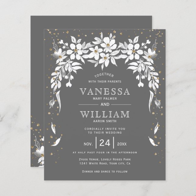 BUDGET grey floral wedding invitation        (Front/Back)