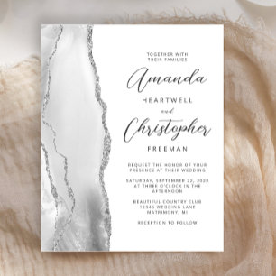 Budget Grey Silver Agate Script Wedding Invitation