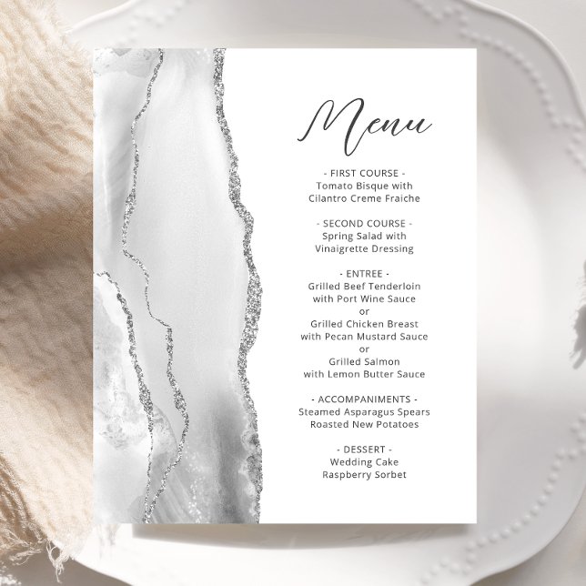 Budget Grey Silver Agate Script Wedding Menu (Creator Uploaded)