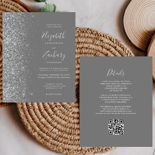 Budget Grey Silver Glitter QR Code Wedding Invite
