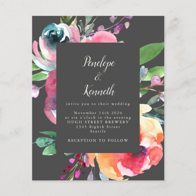 Budget Grey Watercolor Floral Elegant Wedding (Front)