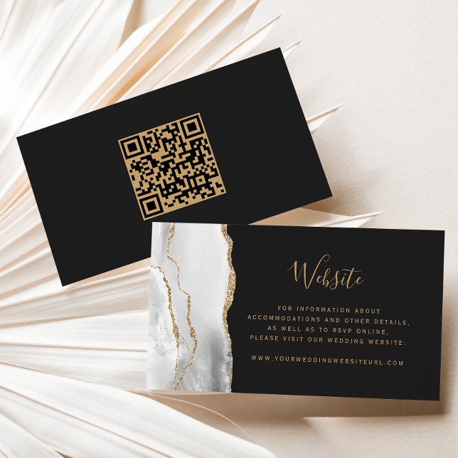 Budget Grey White Gold Agate Dark Wedding QR Code Enclosure Card (Creator Uploaded)