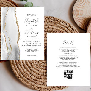 Budget Grey White Gold Agate QR Code Wedding