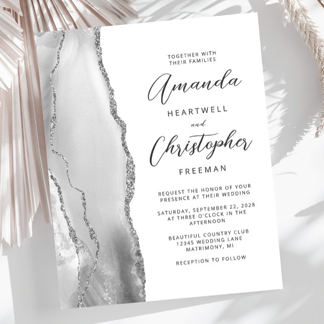 Budget Grey White Silver Agate Wedding Invitation (Creator Uploaded)
