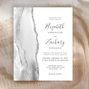 Budget Grey White Silver Agate Wedding Invitation
