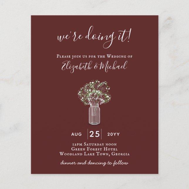 BUDGET Gypsophila Mason Jar Modern Minimal WEDDING Flyer (Front)