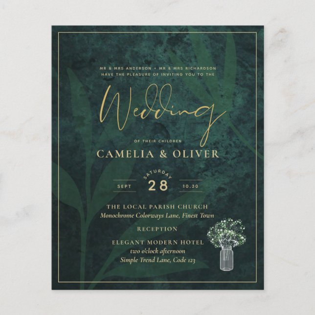 BUDGET Gypsophila Wedding Green GOLD INVITATION Flyer (Front)
