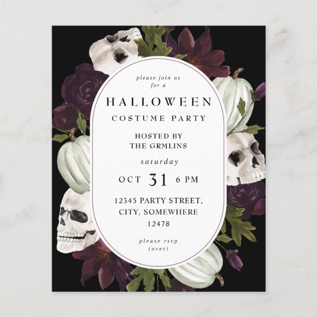 Budget Halloween Purple Floral & Skull Party  Flyer (Front)