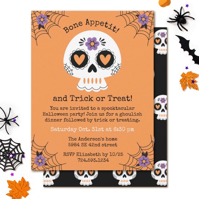 Budget Halloween Sugar Skull Party Invitation  (A cute Halloween party invitation decorated with a sugar skull.)
