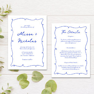 Budget Hand Drawn Bright Blue All in One Wedding Invitation