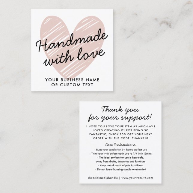 Budget Handmade with Love Heart Thanks Candle Care Square Business Card (Front/Back)
