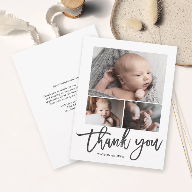 Budget Handwritten 3 Photo Baby Thank You Card (Simple photo collage baby thank you card with modern script thank you.)