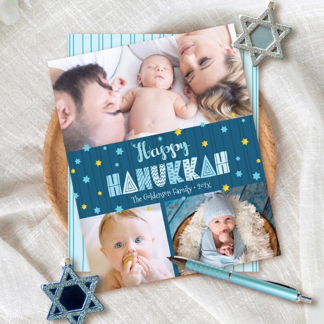 Budget Happy Hanukkah 3 Photo Blue Gold Stars Card (Creator Uploaded)