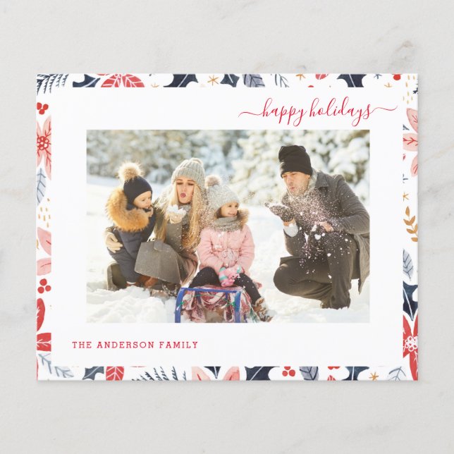 Budget Happy Holiday Red Script Photo Modern Card (Front)